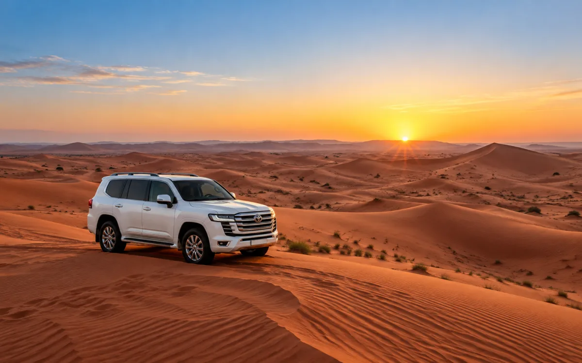 White Land Cruiser beside red Dubai dunes during a cool golden sunset
