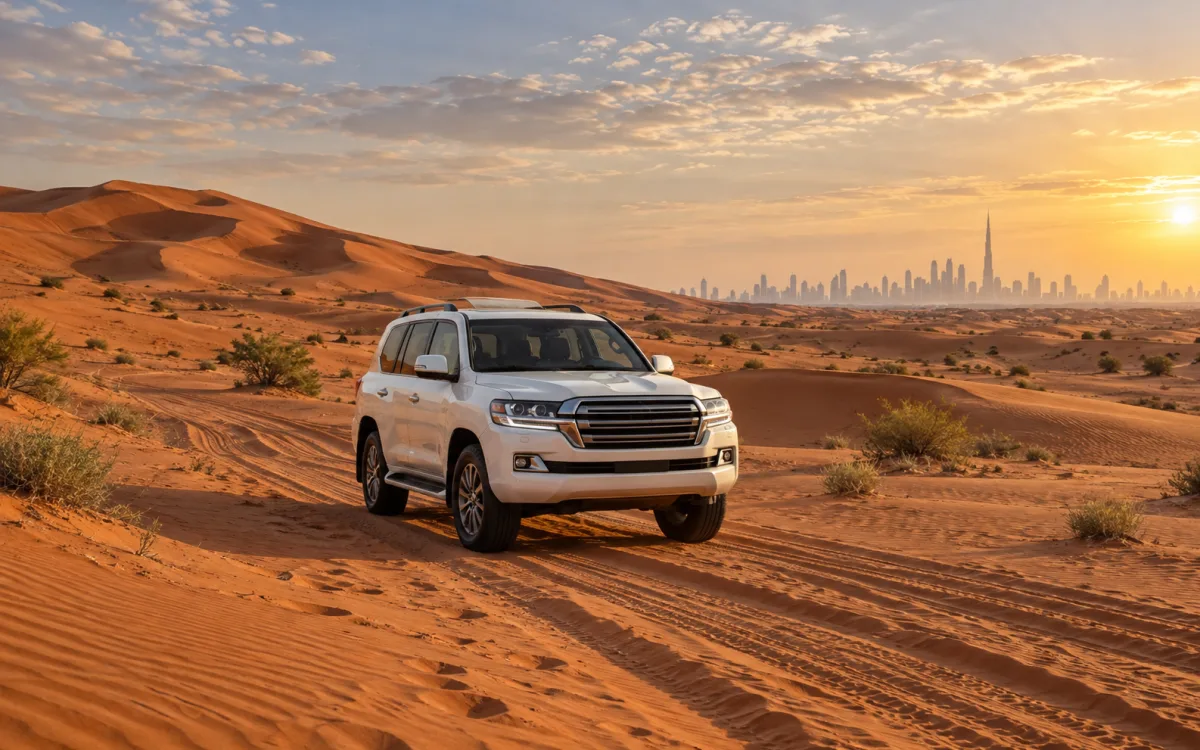 Land Cruiser crossing red Dubai dunes during a timed desert safari