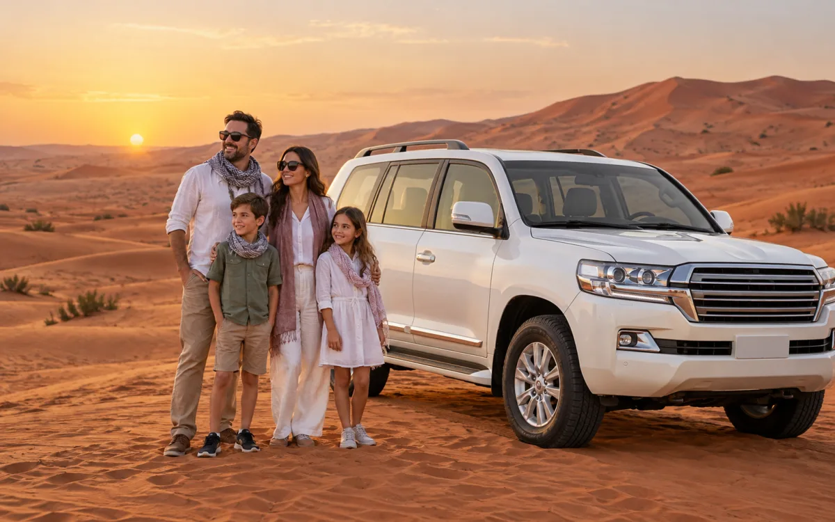Family beside a white Land Cruiser in Dubai's red desert dunes