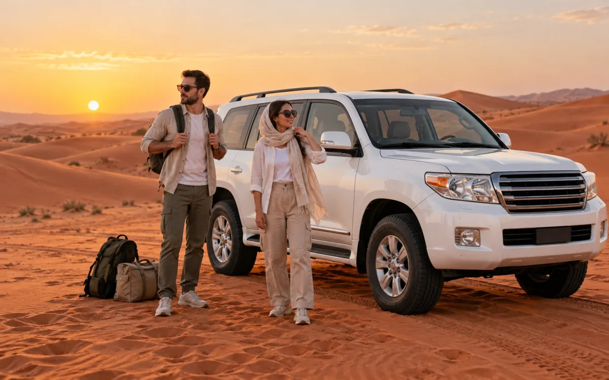 Couple in practical safari clothes beside a white Land Cruiser on red Dubai dunes