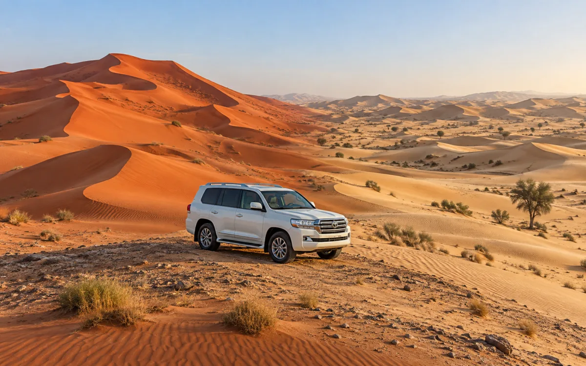 White Land Cruiser between Lahbab red dunes and Al Awir desert terrain