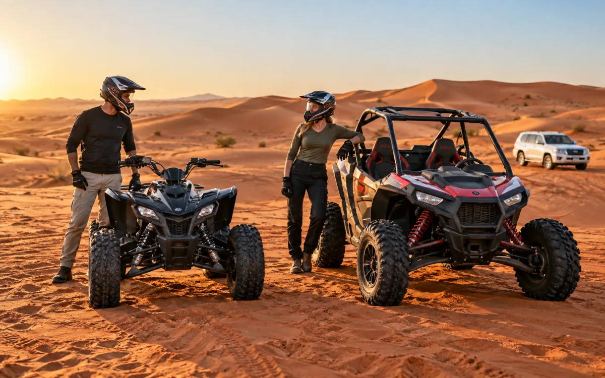 Quad bike and two-seat dune buggy parked on red desert dunes in Dubai