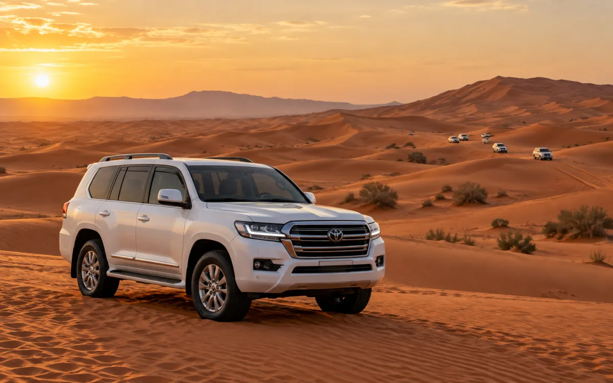 Shared and private white Land Cruisers crossing red desert dunes near Dubai