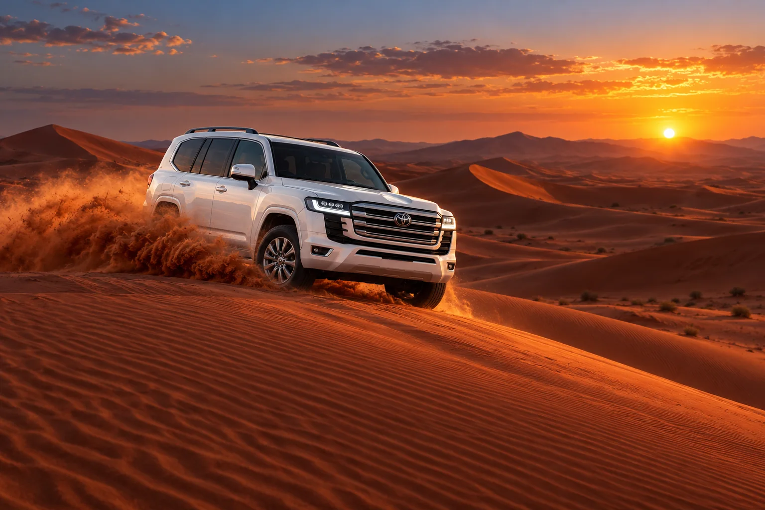White Toyota Land Cruiser driving across red desert dunes at sunset