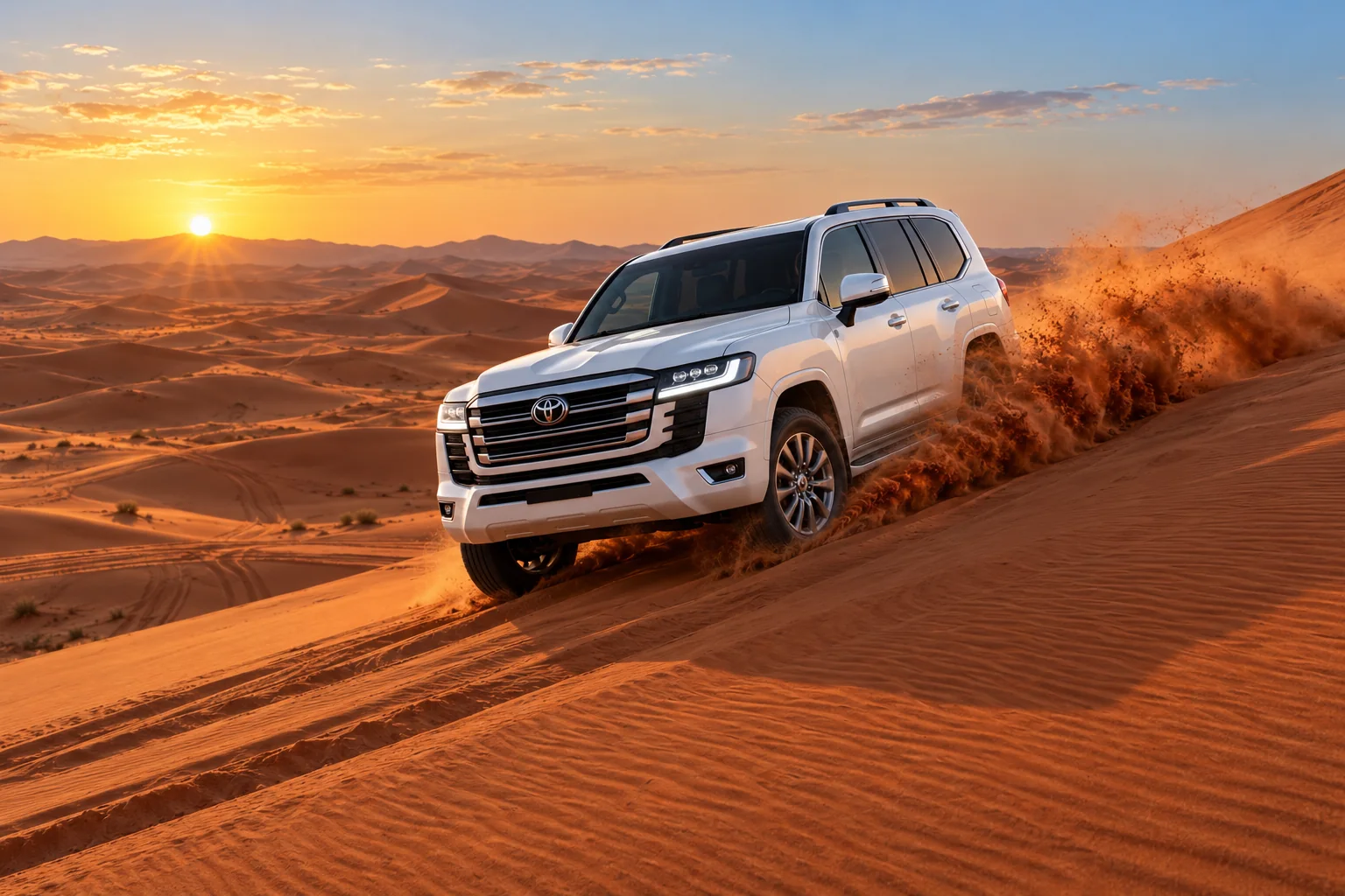 White Toyota Land Cruiser climbing sunlit red desert dunes