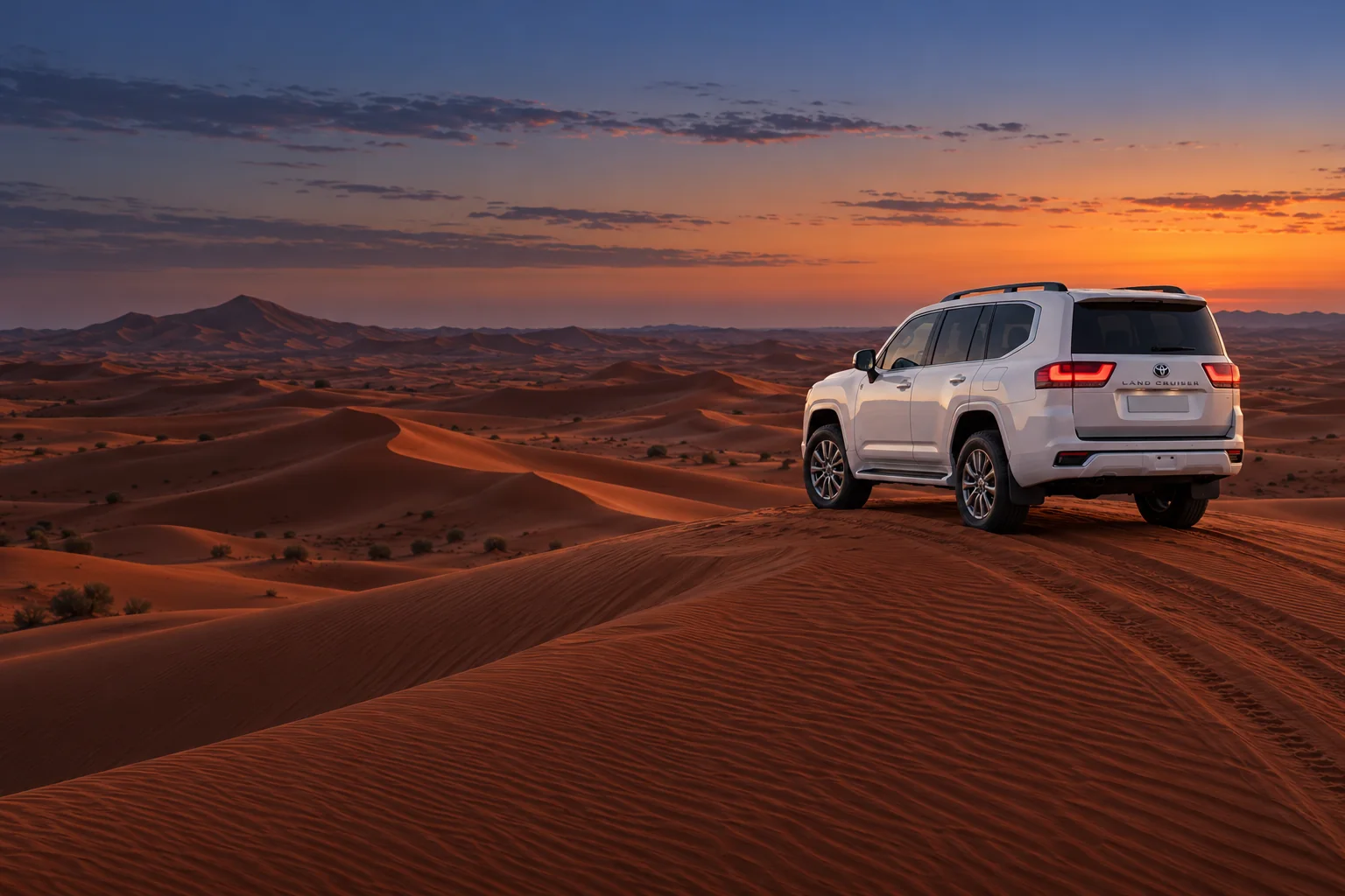 White Toyota Land Cruiser stopped on a red desert ridge at sunset